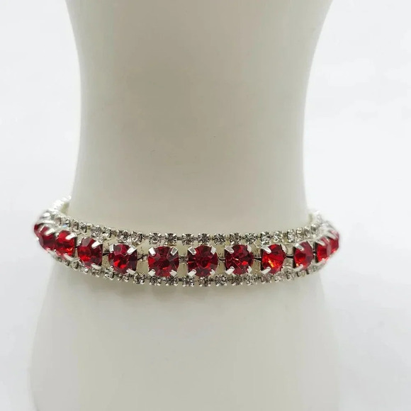 Clear Red Rhinestone Stone Slide Link Bangle Bracelet Silver Tone Vintage - Picture 1 of 5